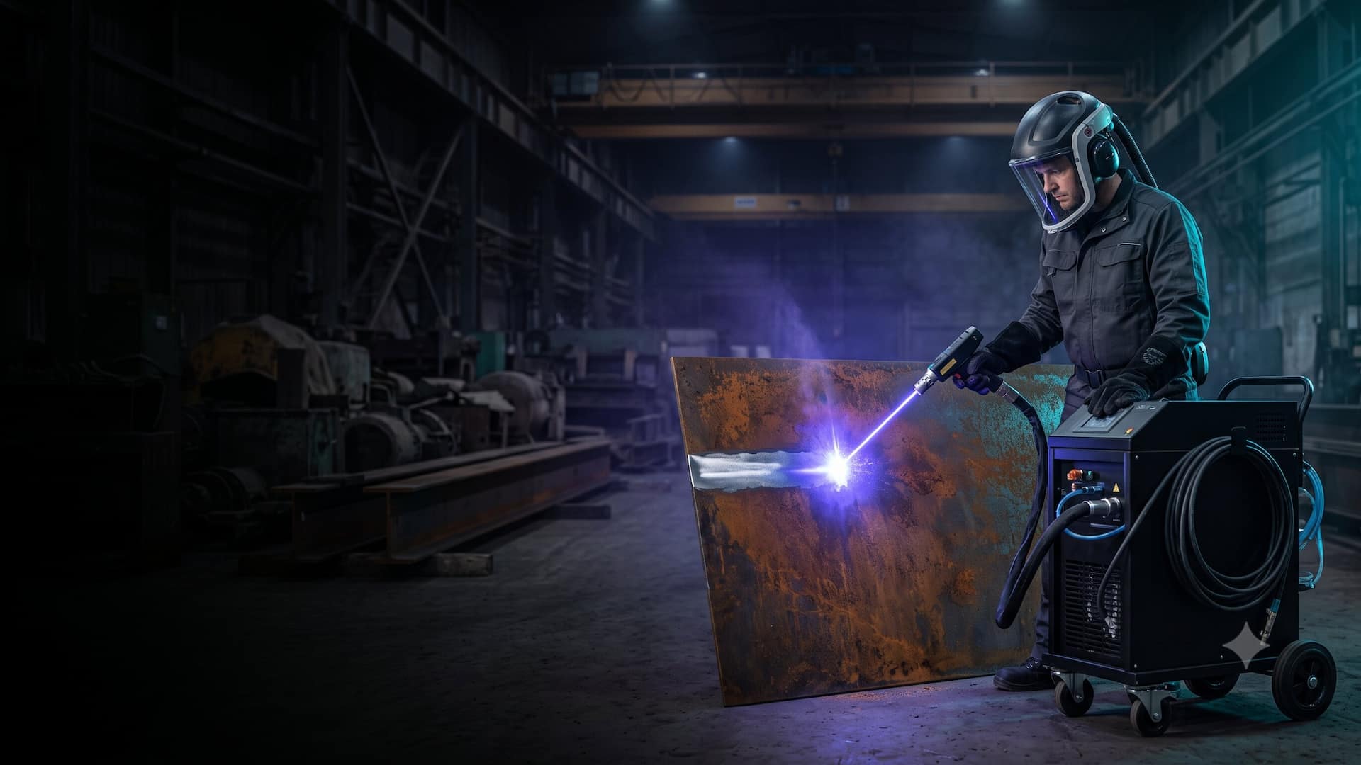 Industriehalle mit mobiler Laserreinigungsanlage im Einsatz